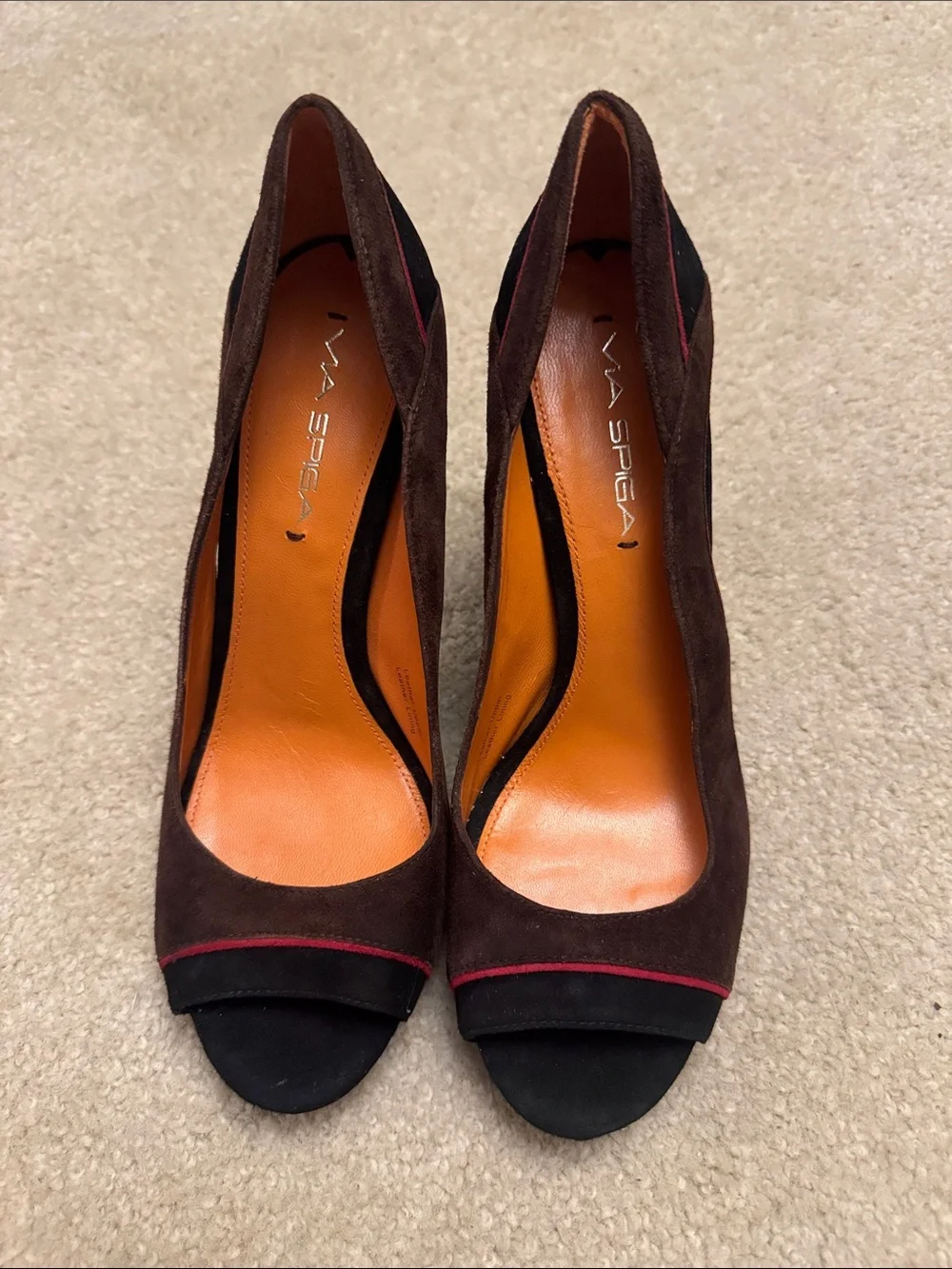 Via Spiga Brown Suede Peep Toe Heels with Red Accent